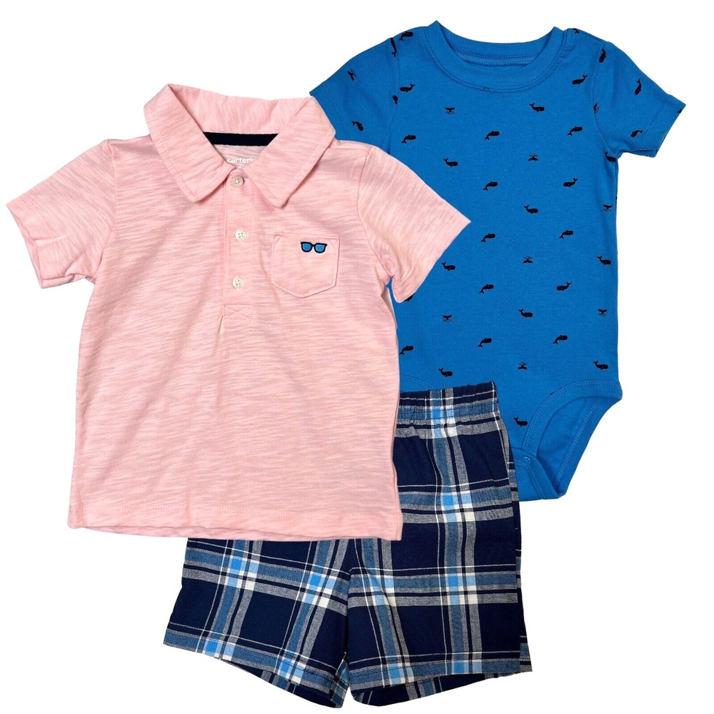Carters Baby Boys 3Pc Polo Shirt Bodysuit Shorts Outfit Set 6 Months Blue Pink